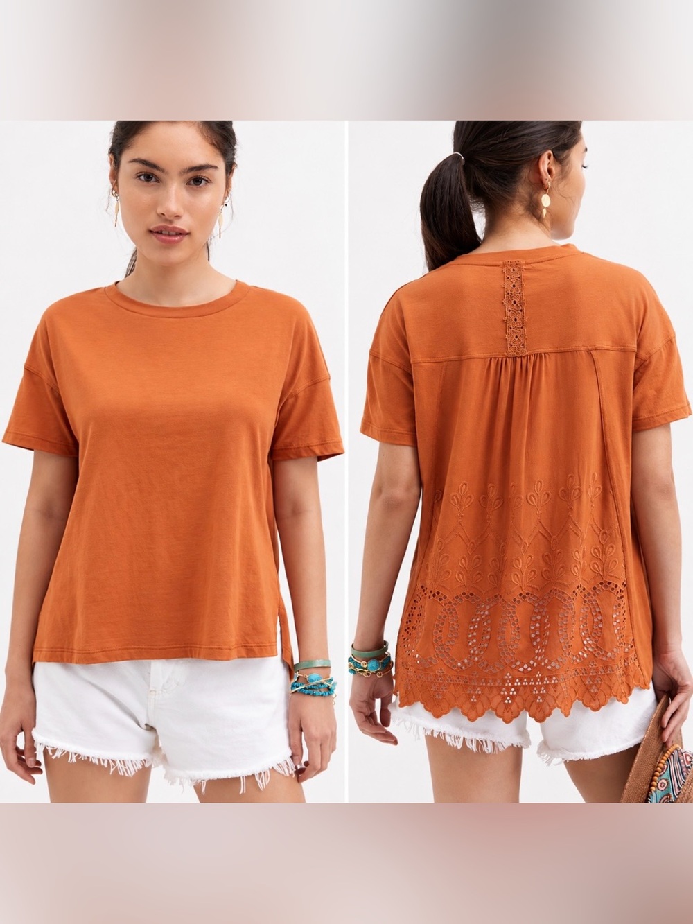Anthropologie Tiny Rust Orange Eyelet Embroidered Top Boho Cottagecore Shirt XSP